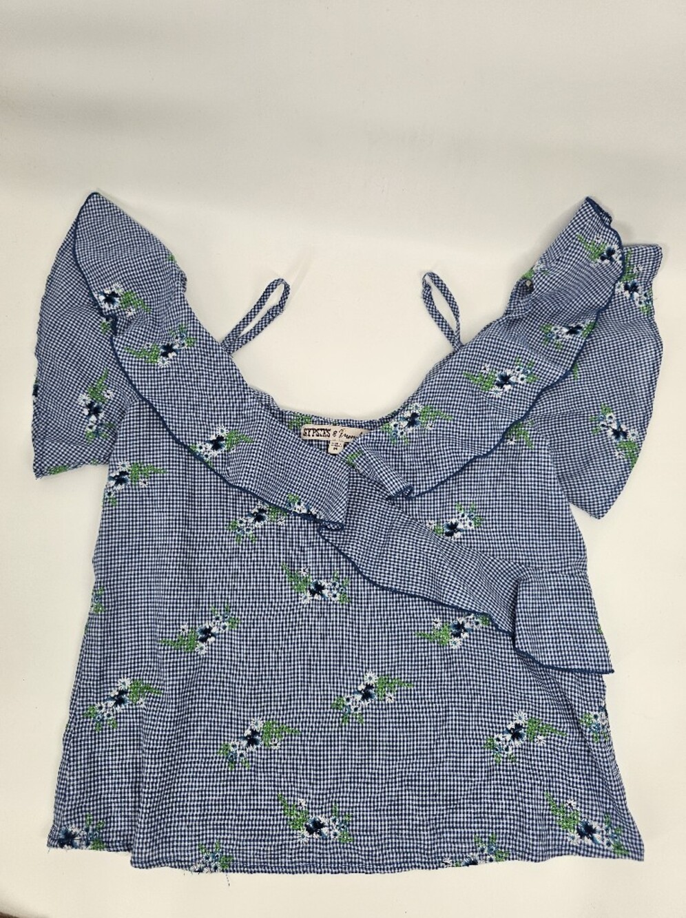 Blue Gingham Ruffle Top M - Picture 3 of 9
